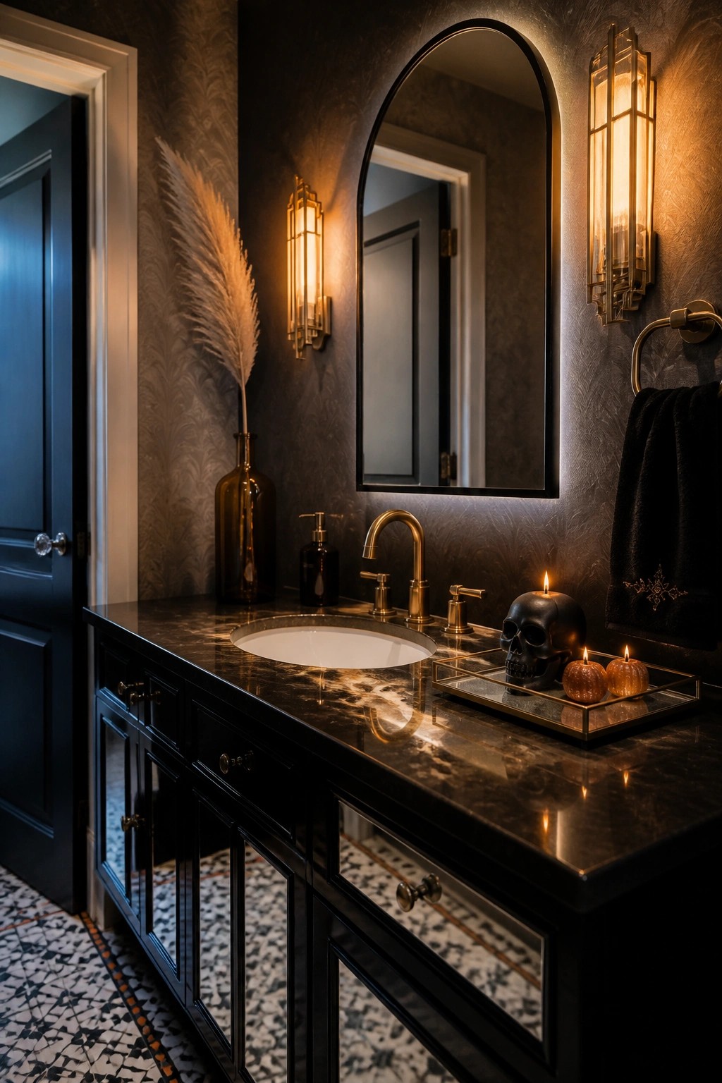 A moody bathroom features a black vanity with marble countertop, gold fixtures, arched backlit mirror, and a gold tray holding a black skull and two small lit pumpkins.
