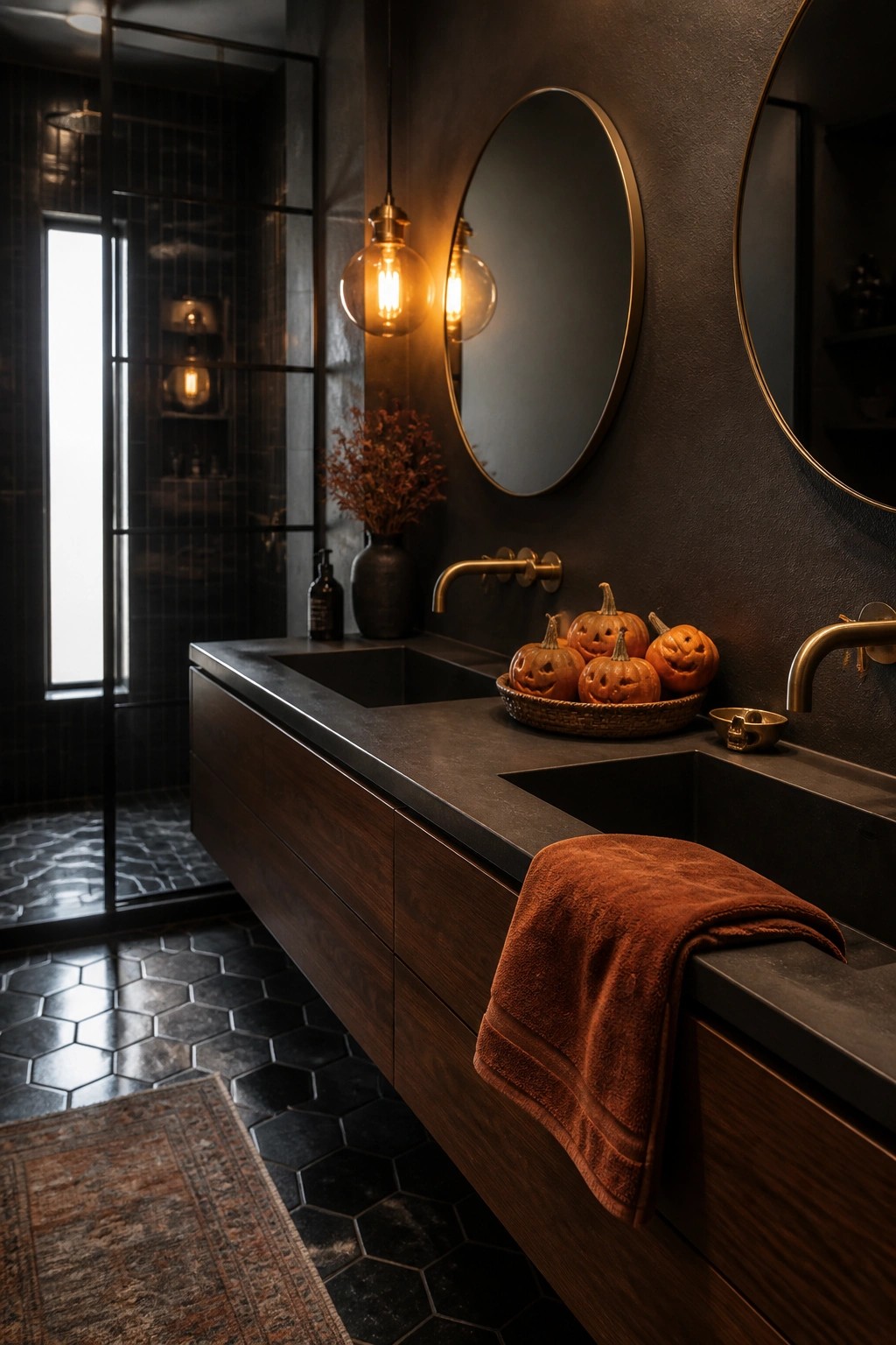 Dark modern bathroom with double vanity, round mirrors, brass fixtures, and a basket of small carved pumpkins on the counter.