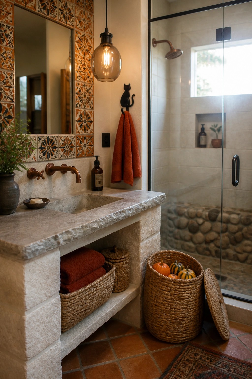 A bathroom vanity area with a stone sink, woven baskets holding folded orange towels and small pumpkins on the floor, and a glass shower enclosure to the right.