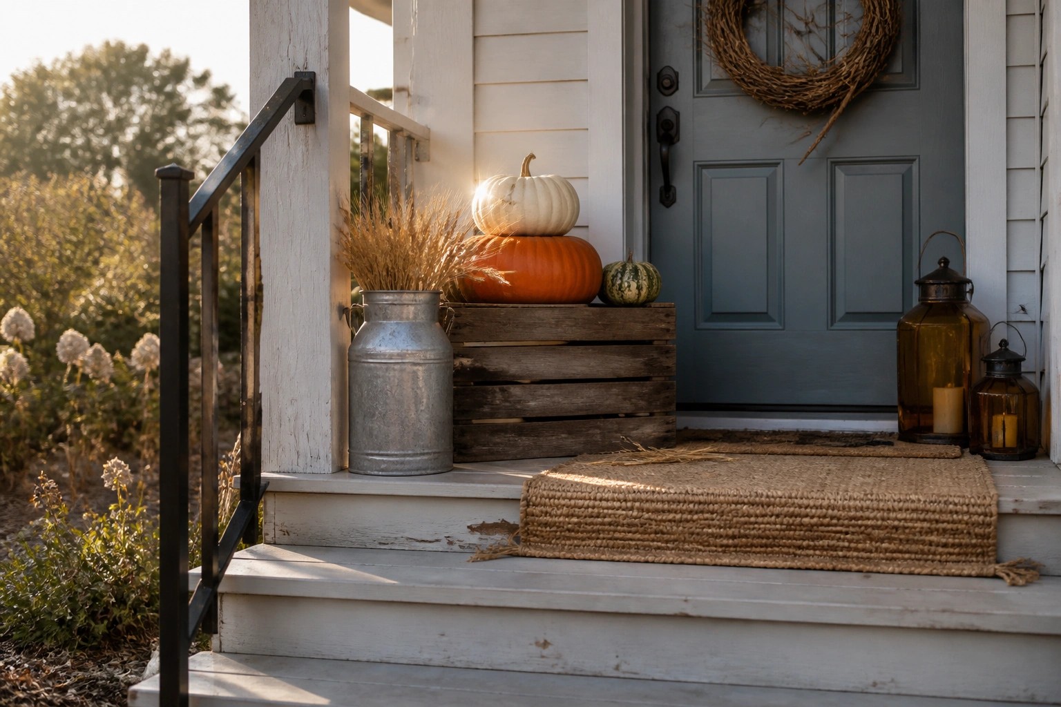 Autumn porch with stacked pumpkins, glowing lanterns, wheat bundle, and wreath on blue door