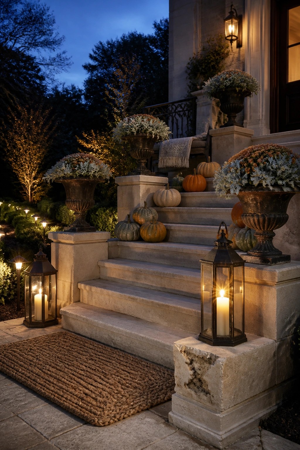 Stone porch steps lined with pumpkins of different sizes and colors, flanked by lanterns and large urns with plants.