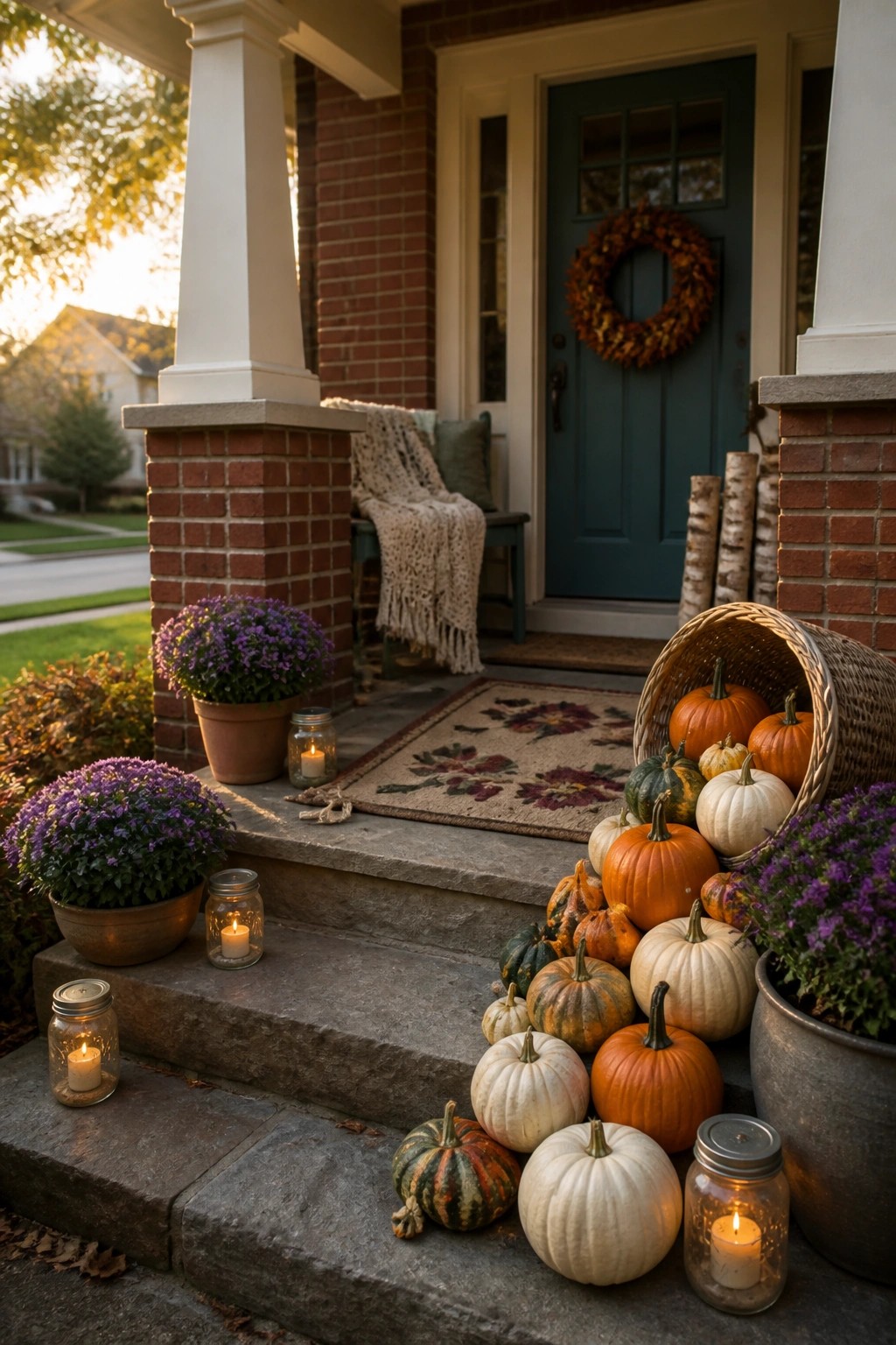 A brick house porch with teal door has pumpkins layered down the stone steps, a tipped basket spilling more pumpkins, potted purple flowers, and several lit candles in glass jars.