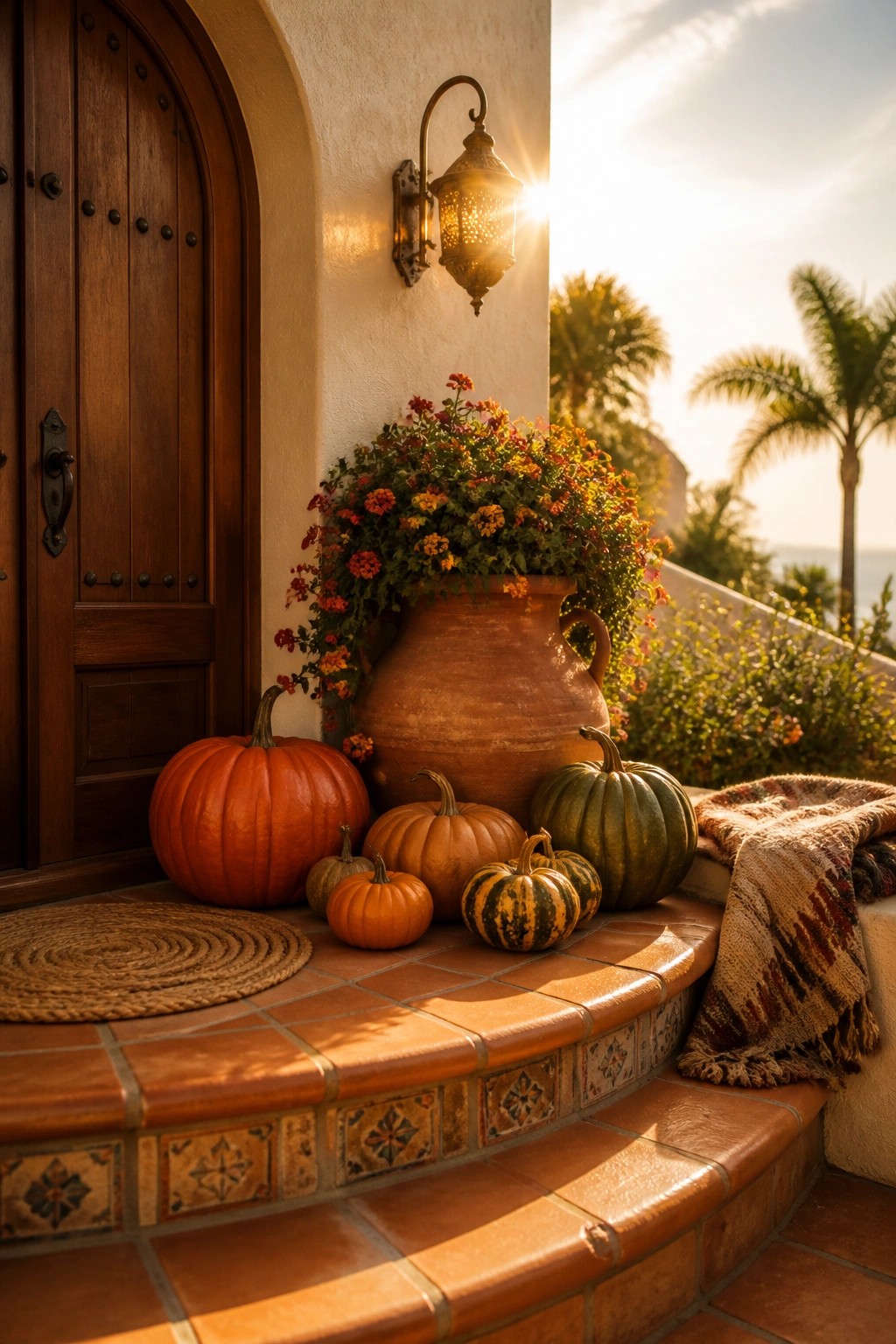 Tiled porch steps lined with orange and green pumpkins of different sizes next to a large terracotta pot of flowers and a wooden door.