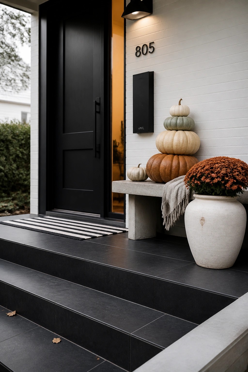 Black door with stacked pumpkins, potted orange mums, and concrete bench on porch.