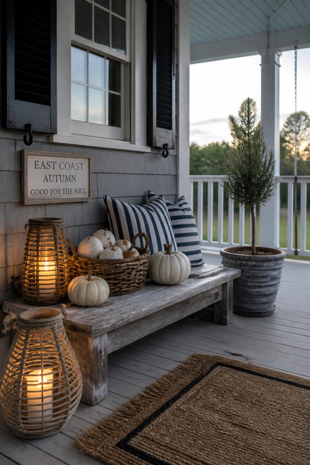 A weathered wooden bench on a gray porch holds white pumpkins in a wicker basket beside two glowing rope lanterns and striped pillows.