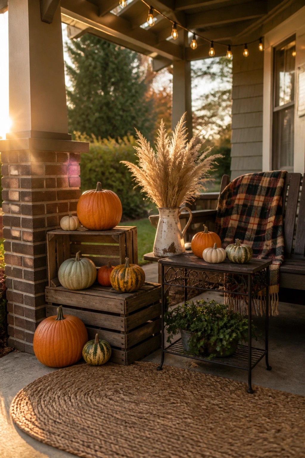 Autumn porch with pumpkins on wooden crates, pampas grass in pitcher, and plaid blanket.