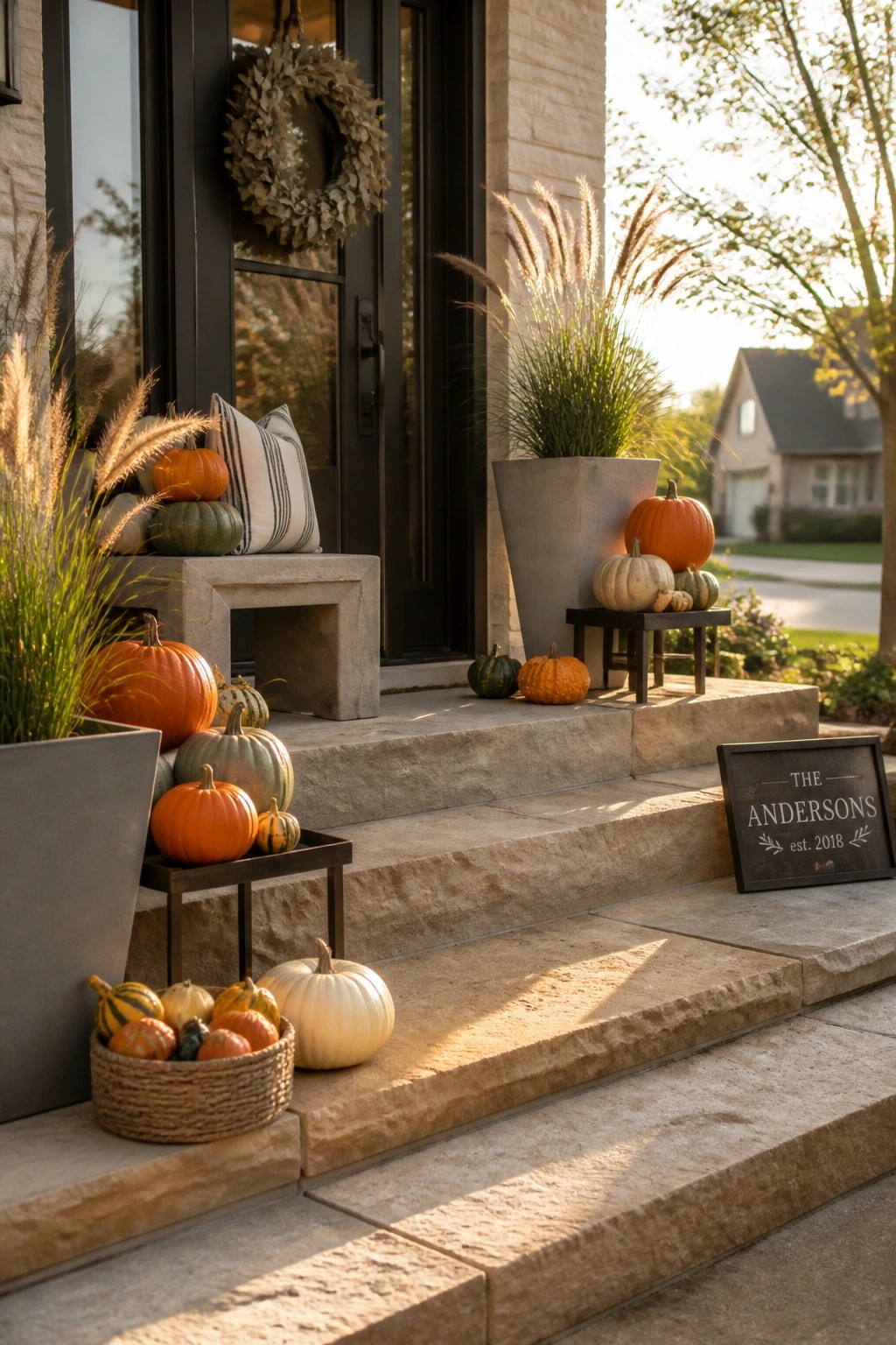 A front porch with stone steps decorated with layered pumpkins of various sizes and colors, along with potted plants, a wreath on the door, and a family name sign.