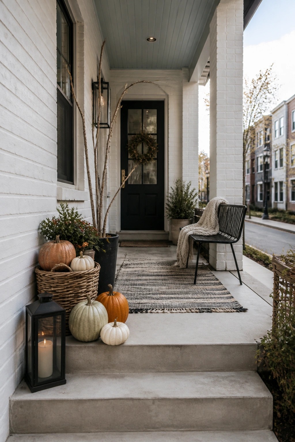 A front porch with concrete steps decorated with pumpkins of various sizes and colors, a black lantern with a lit candle, a striped rug, a black chair with a blanket, and autumn plants near a black door.