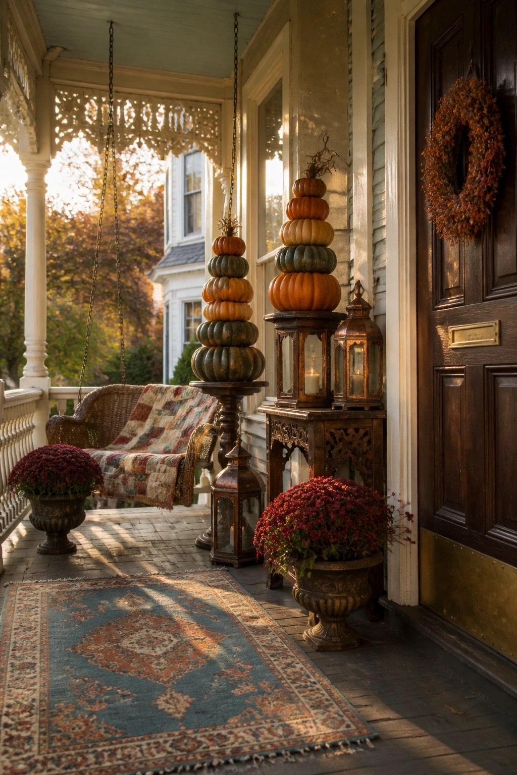 A front porch with multiple stacks of pumpkins on wooden stands, flanked by lanterns and potted red mums, next to a dark wooden door.