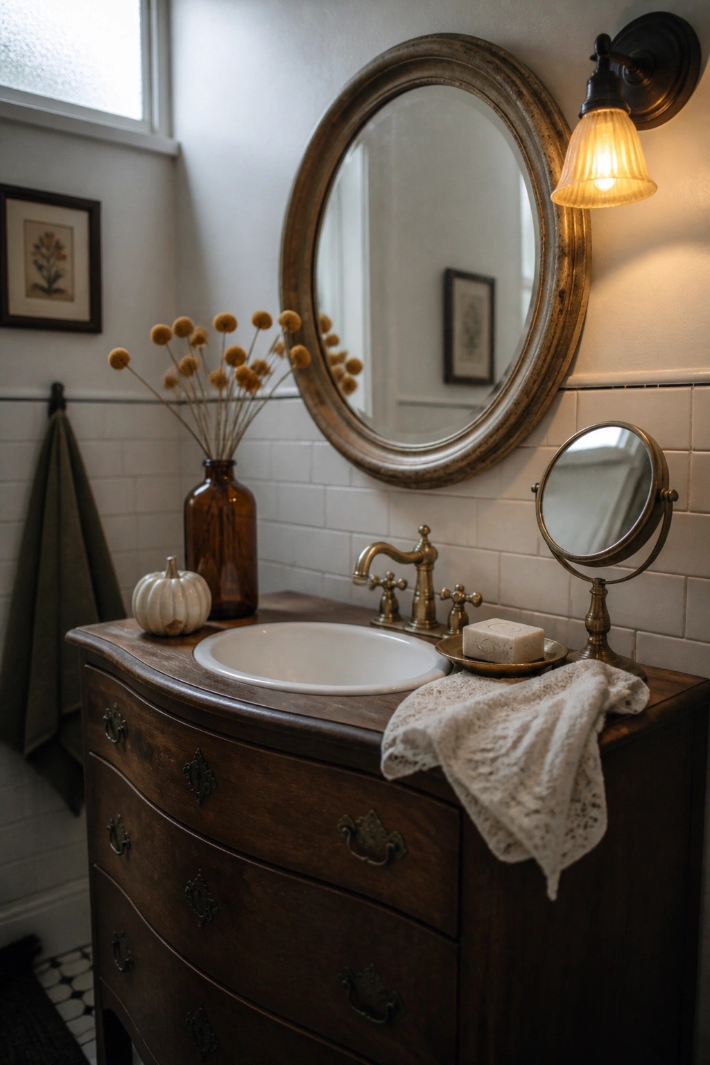 A wooden dresser converted into a bathroom vanity with a white sink, brass faucet, round mirror, wall sconce, small white pumpkin, dried flowers in a brown bottle, bar of soap, and lace towel on the countertop.