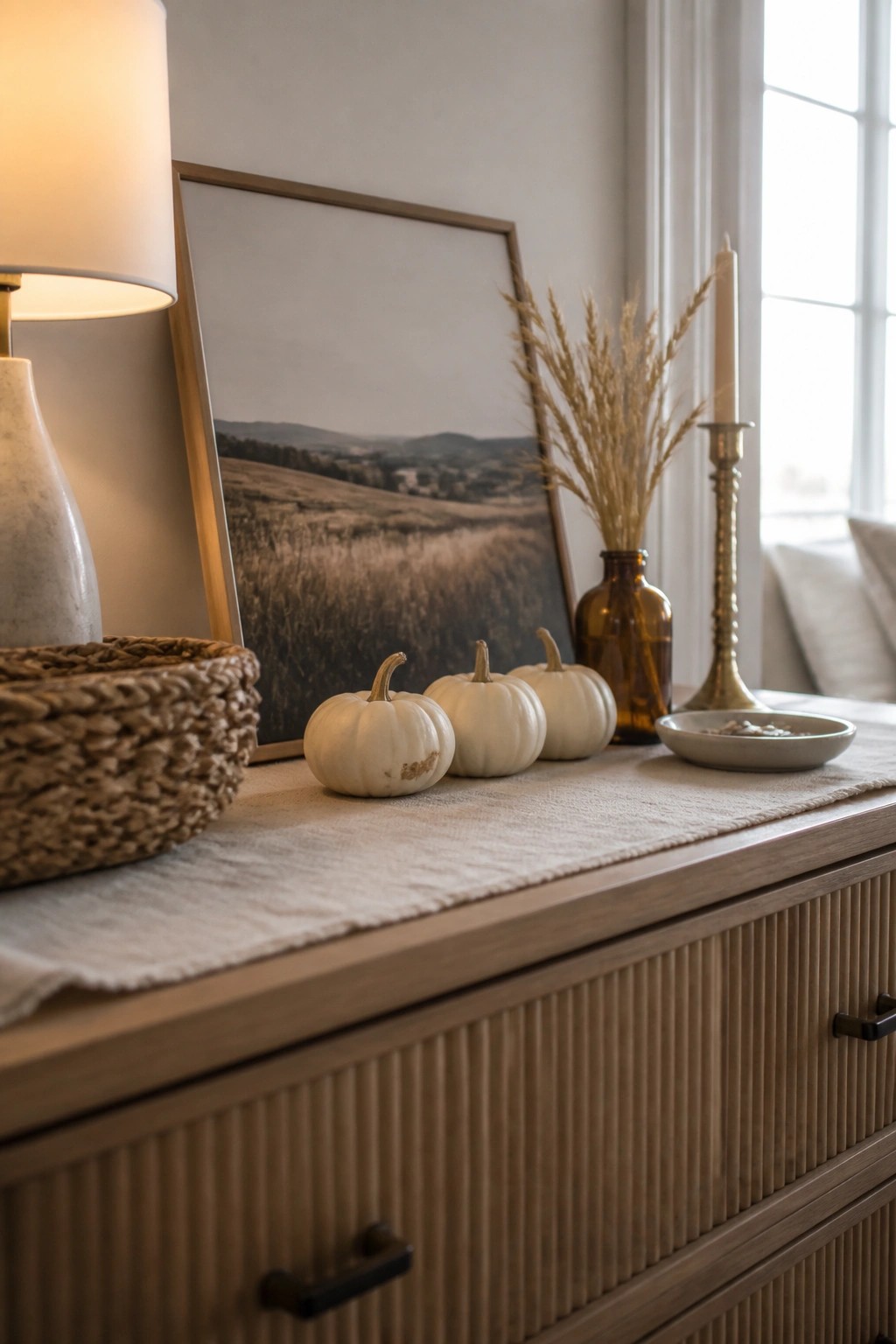 A light wood dresser with a linen runner holding four small white pumpkins, a marble lamp, a framed landscape print, dried grasses in a brown glass bottle, and a brass candlestick.