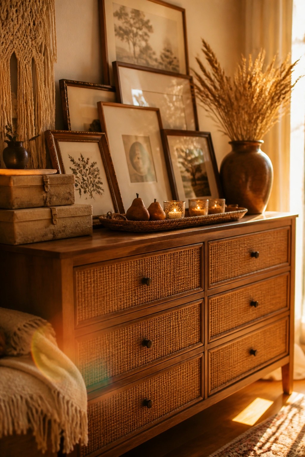 Wooden dresser with woven drawers, framed art, vase of dried grass, and glowing candles.