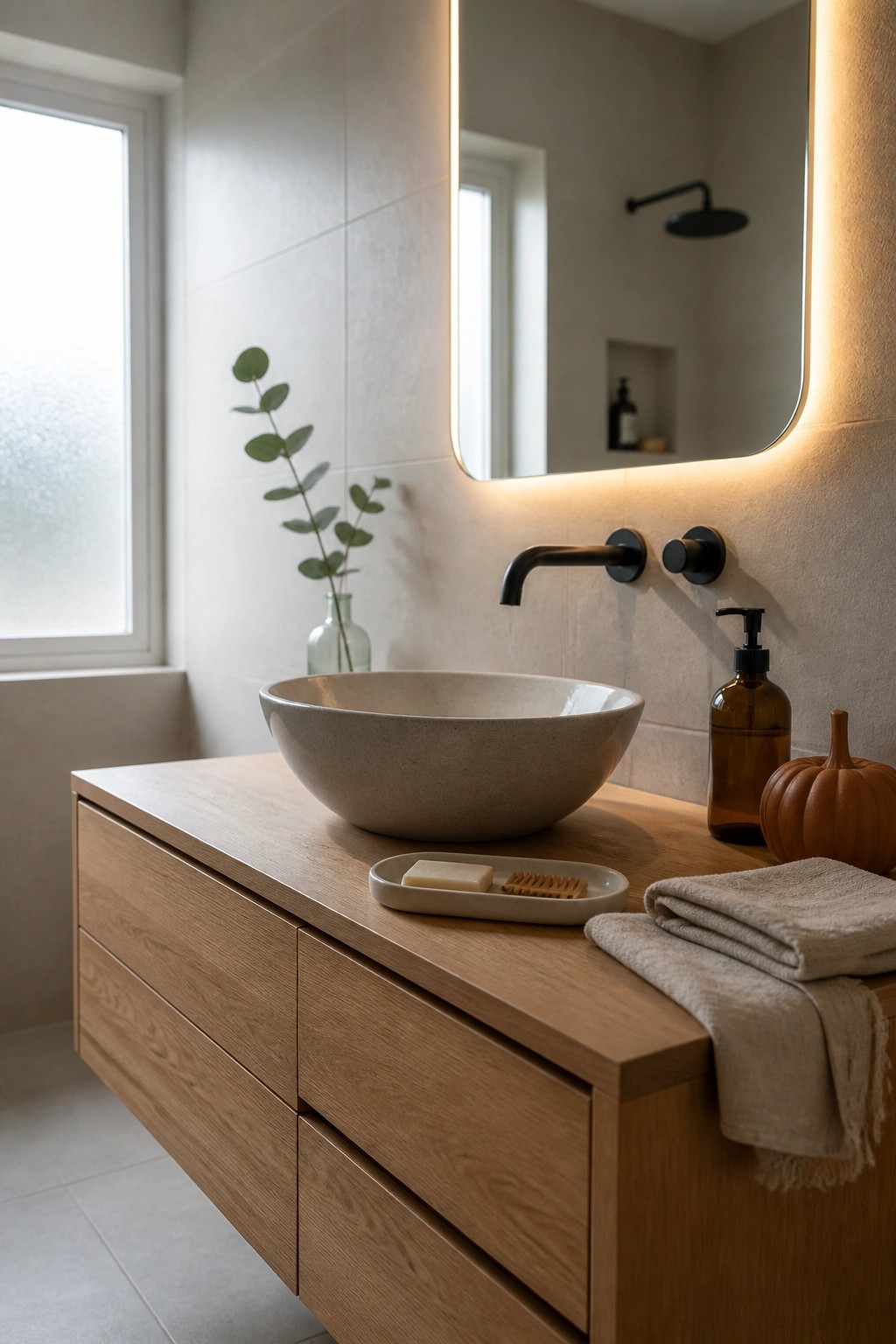 A bathroom vanity featuring a light wood floating cabinet with drawers, a stone vessel sink, black wall-mounted faucet, folded beige towels, a small orange pumpkin, and an amber soap dispenser on the countertop.