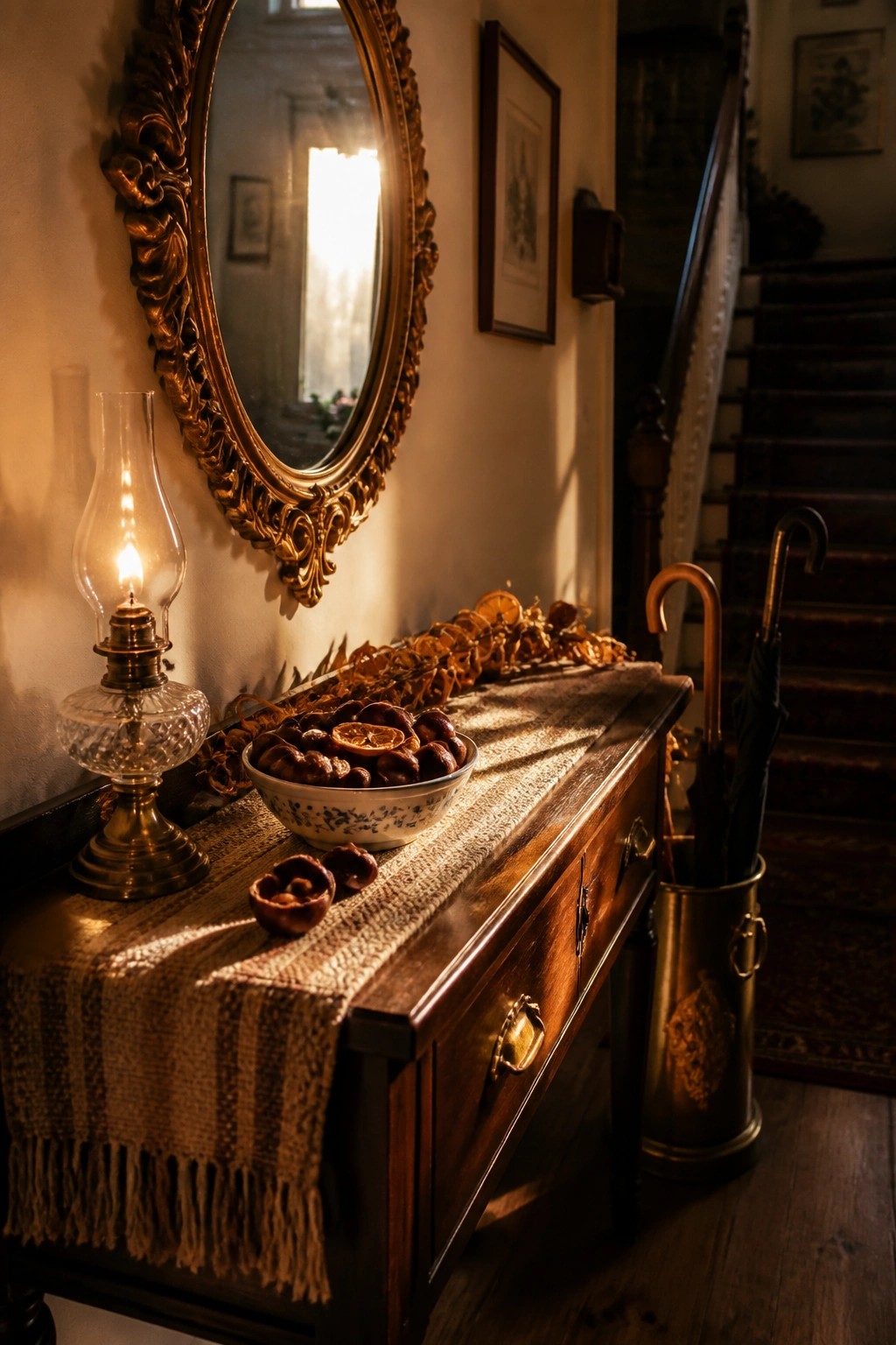 Vintage wooden table with glowing oil lamp, chestnut bowl, dried oranges under ornate mirror