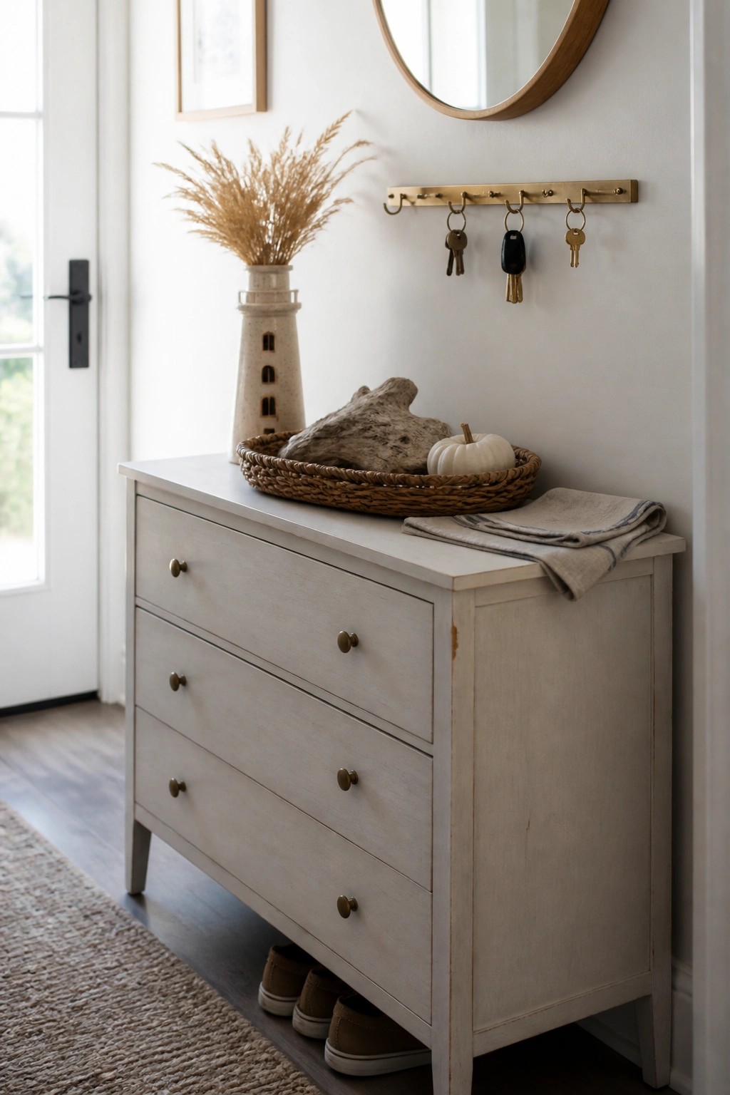 A white distressed dresser in an entryway holds a woven basket containing a small white pumpkin and a rock, with a ceramic lighthouse vase and folded cloth nearby, and a brass key rack mounted above.