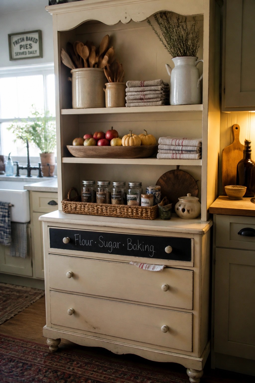 A cream colored hutch with open shelves shows apples and small pumpkins on one level and a basket of labeled spice jars on the counter below.