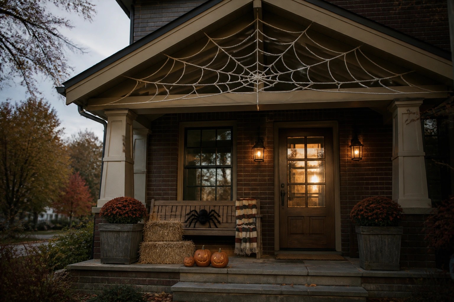 A brick house front porch with a large spider web decoration stretched across the gable, a giant spider on a bench, pumpkins on the steps, and potted flowers.