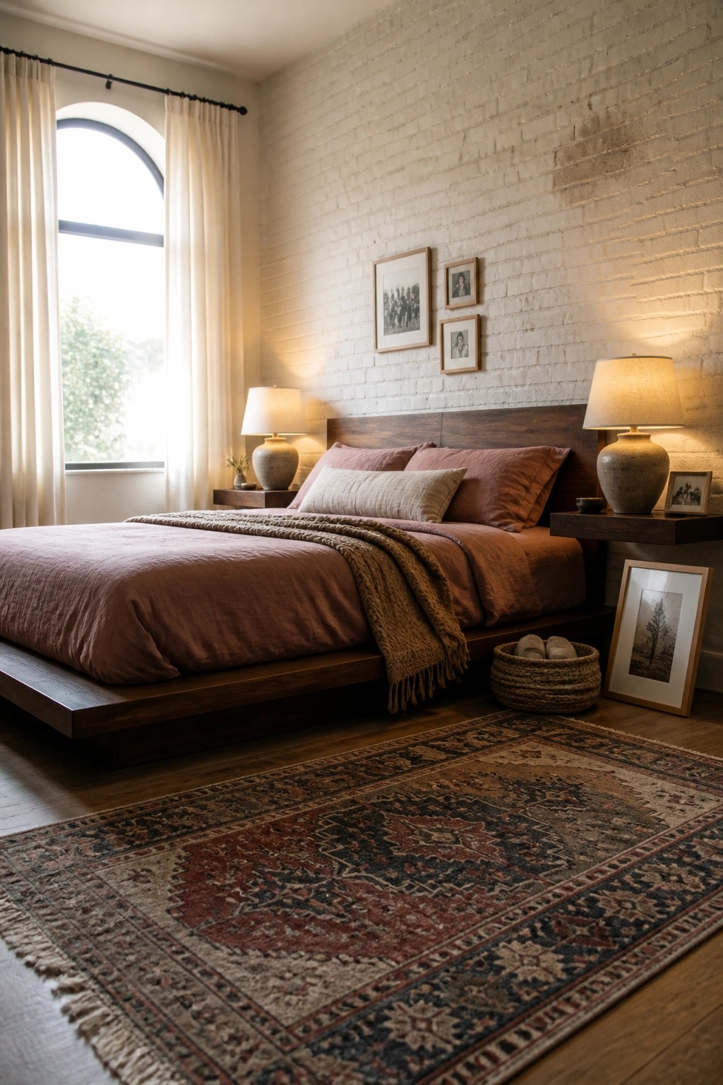 A bedroom with a large patterned area rug on hardwood floors, a low wooden platform bed with terracotta and rust linens, a white brick wall, and two bedside tables with lamps.