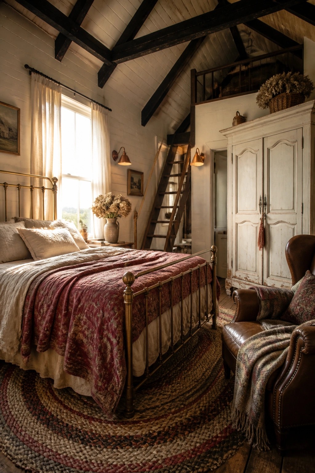 A rustic attic bedroom featuring a brass bed with a red patterned quilt, white walls, dark wooden ceiling beams, a wooden ladder to a loft, and a round braided rug.