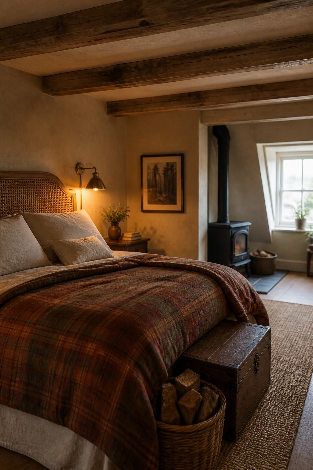 A rustic bedroom featuring a bed with a large plaid blanket, a woven headboard, a wall sconce, and a wood stove visible through an open doorway.