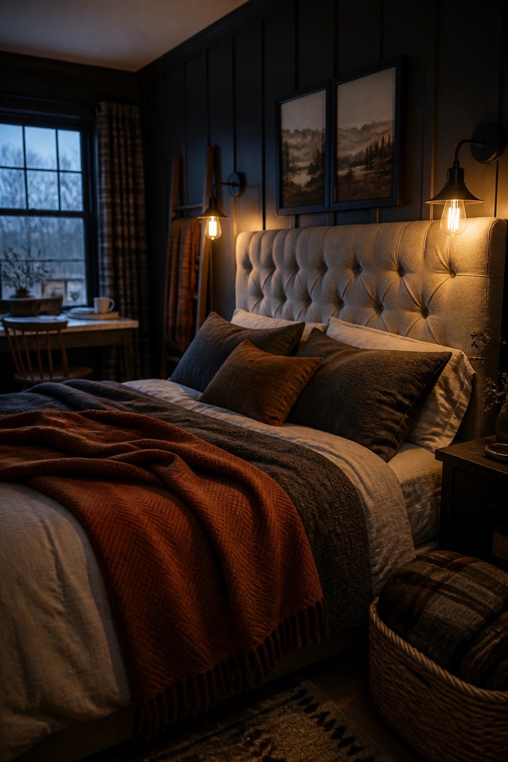 Cozy bedroom with tufted headboard, earth-toned pillows, rust blanket, and warm sconces