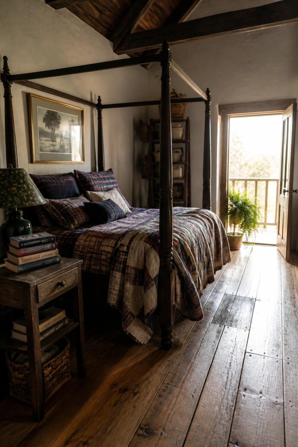 Rustic bedroom with four-poster bed, plaid quilt, wooden nightstand, and open balcony door