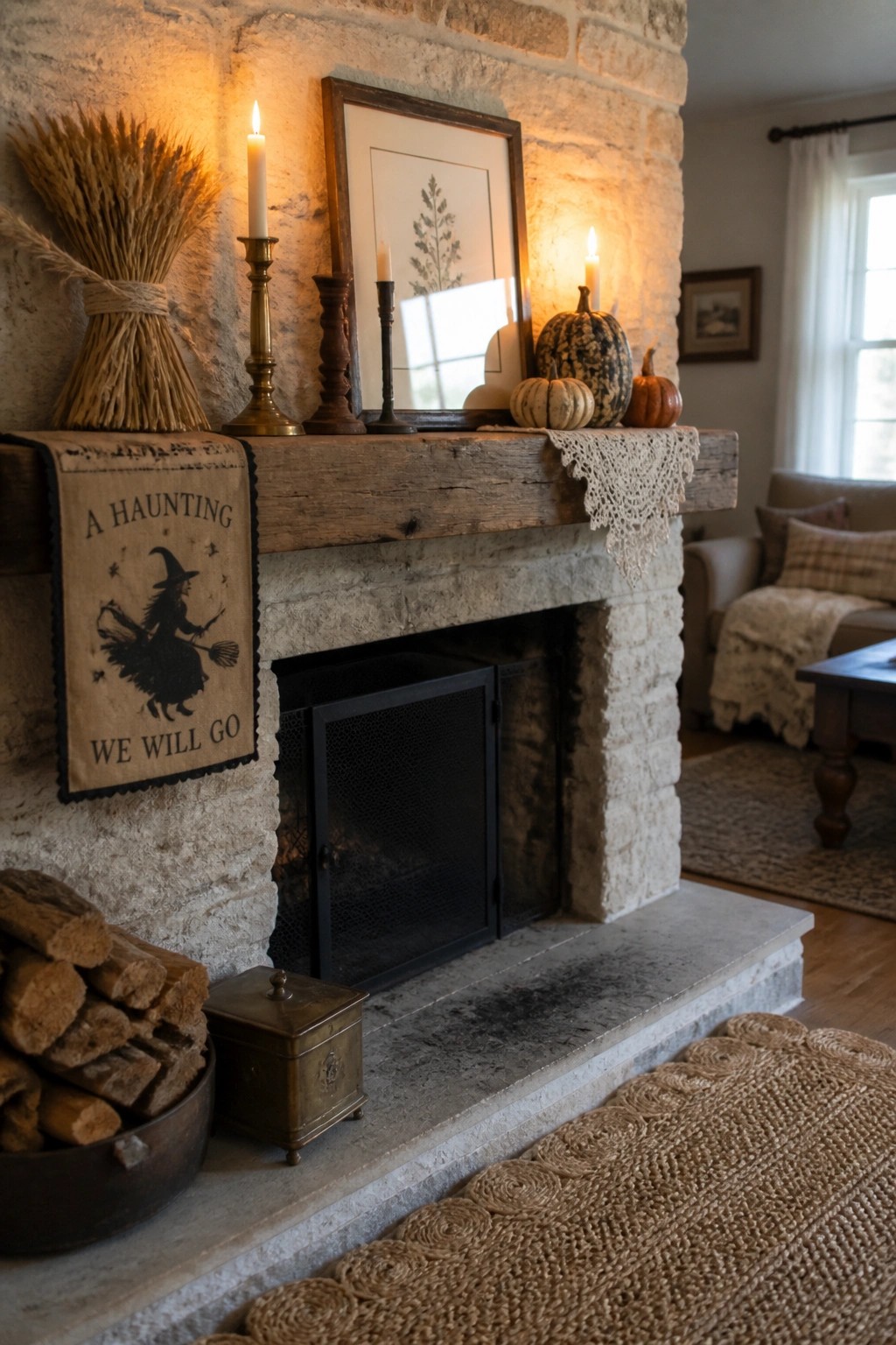 A stone fireplace with a witch banner hanging from the mantel, surrounded by candles, small pumpkins, and dried wheat.
