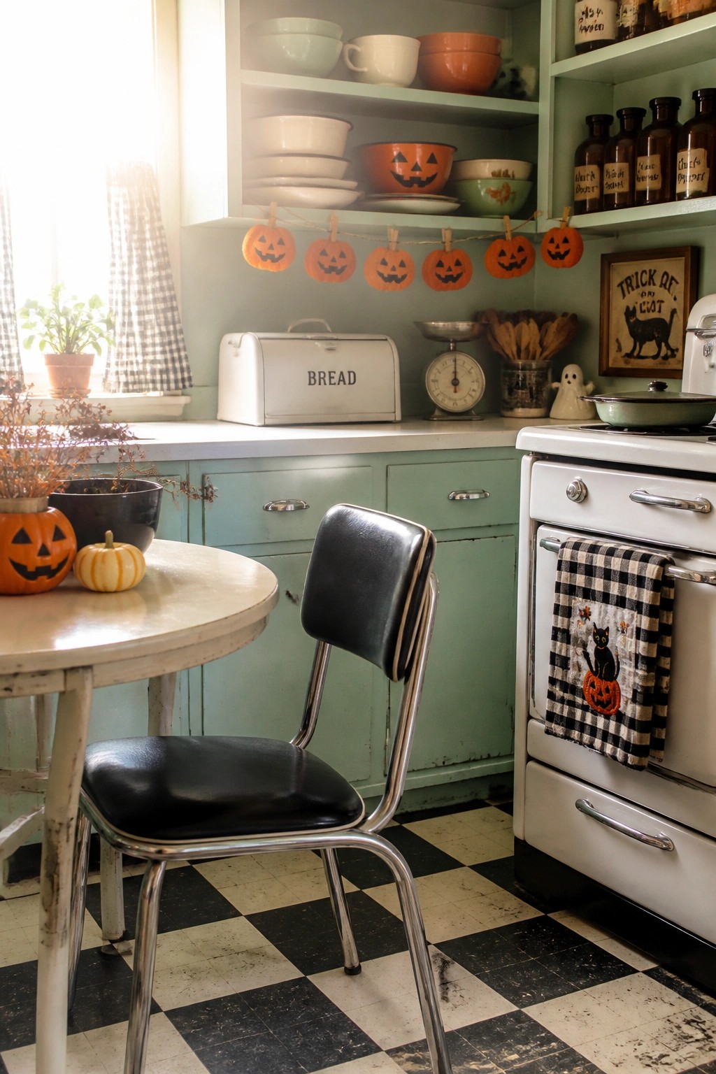 A vintage kitchen with mint green cabinets, open shelves of dishes, a pumpkin garland strung on the shelves, black and white checkered floor, and a white bread box on the counter.