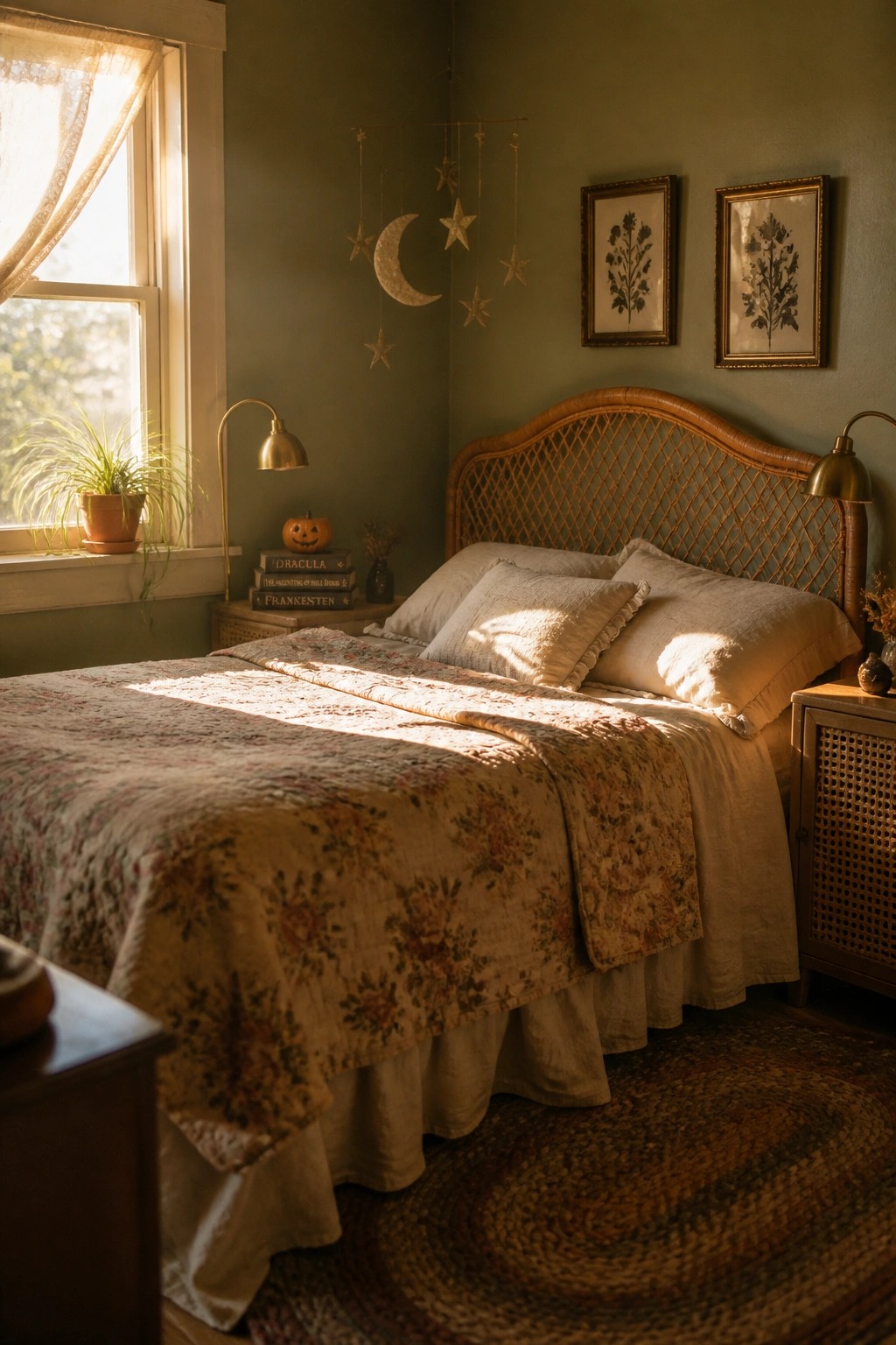 A bedroom with green walls shows a bed with floral bedding, a rattan headboard, and a nightstand holding stacked books topped by a small pumpkin beneath a hanging moon and star mobile.