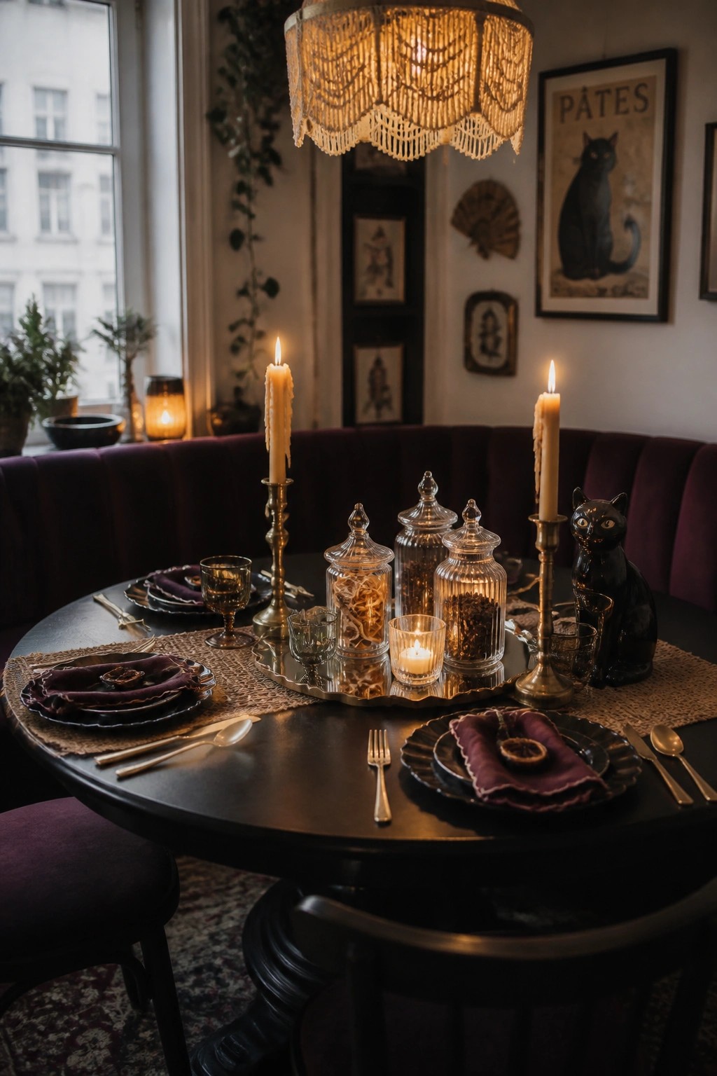 A round black dining table set with purple napkins, gold candlesticks, lit candles, glass apothecary jars filled with dried items, and a black cat figurine in a room with purple seating and a beaded chandelier.