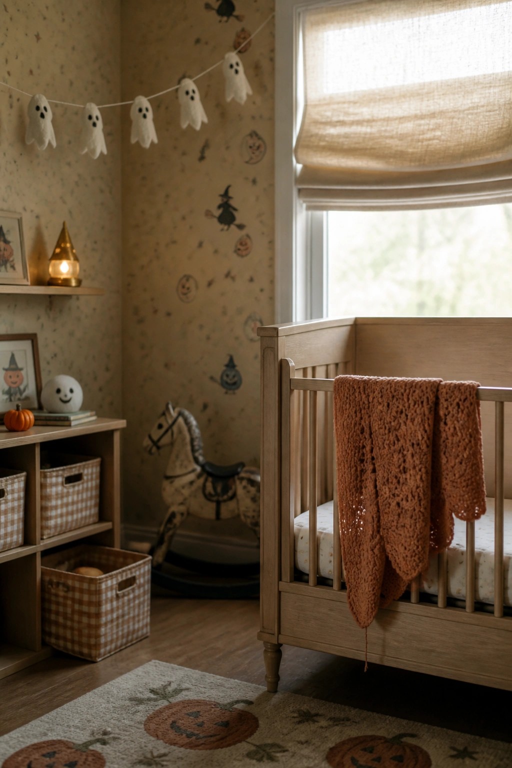 A light wood crib with an orange knit blanket stands in a nursery with ghost garlands on the wall, pumpkin patterned wallpaper, and a matching rug on the floor.
