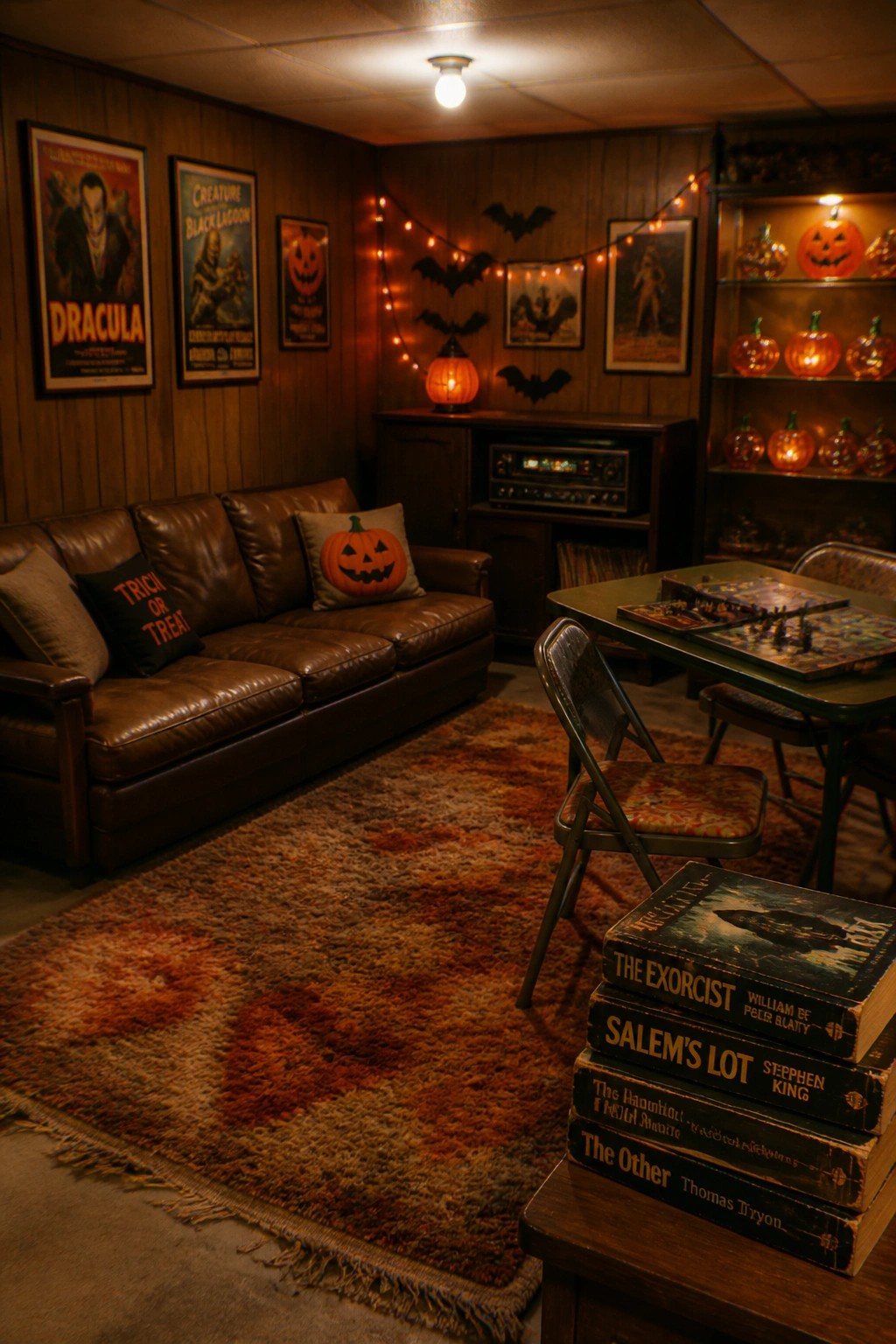 A retro basement den with brown leather sofa, shag rug, horror movie posters on wood walls, string lights, pumpkins, board games on a table, and a stack of vintage horror books.
