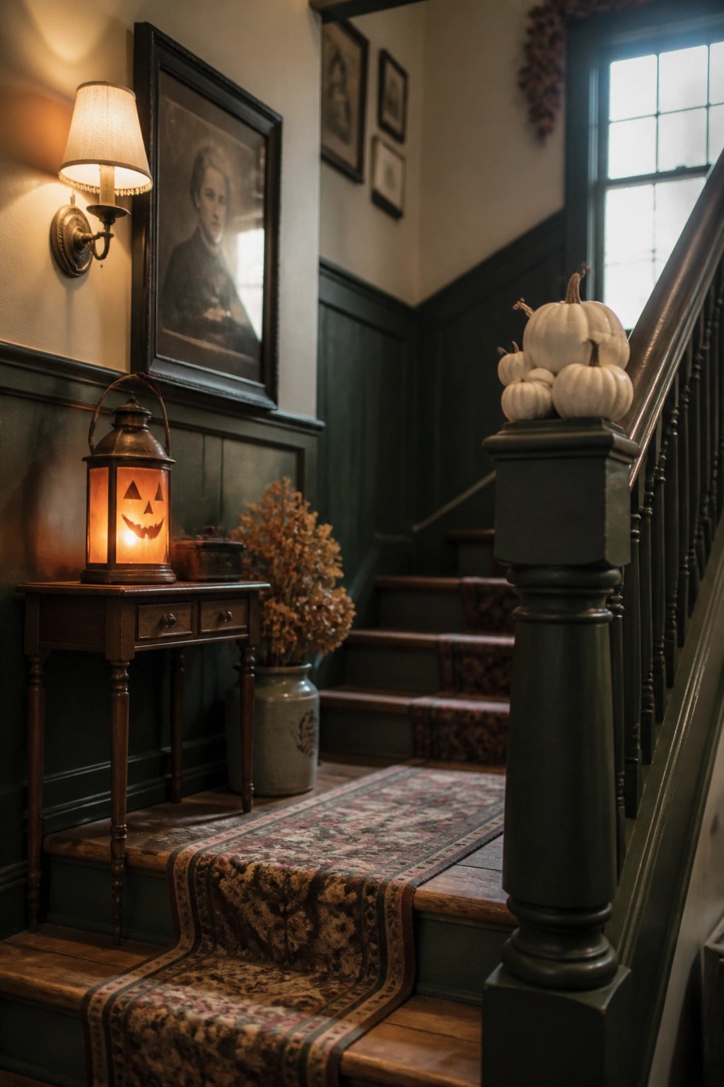 A staircase with dark wood railings, a lit jack-o'-lantern lantern on a side table, white pumpkins on the newel post, and a patterned runner on the steps.