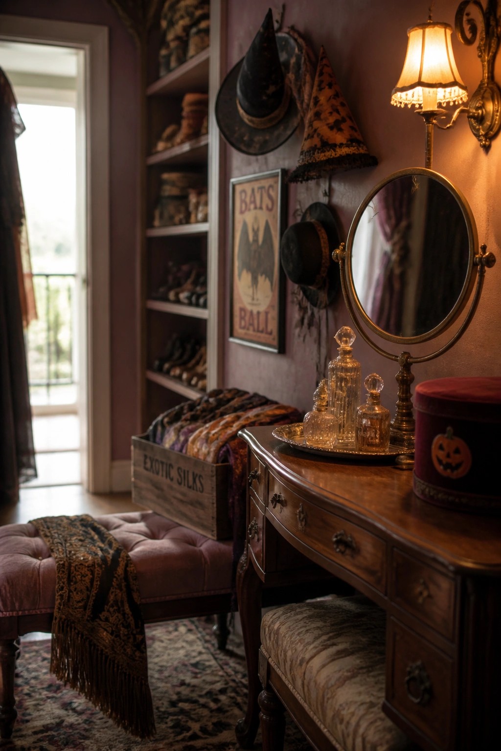 A wooden vanity with glass bottles and a round mirror sits below several witch hats and a framed poster mounted on a purple wall.