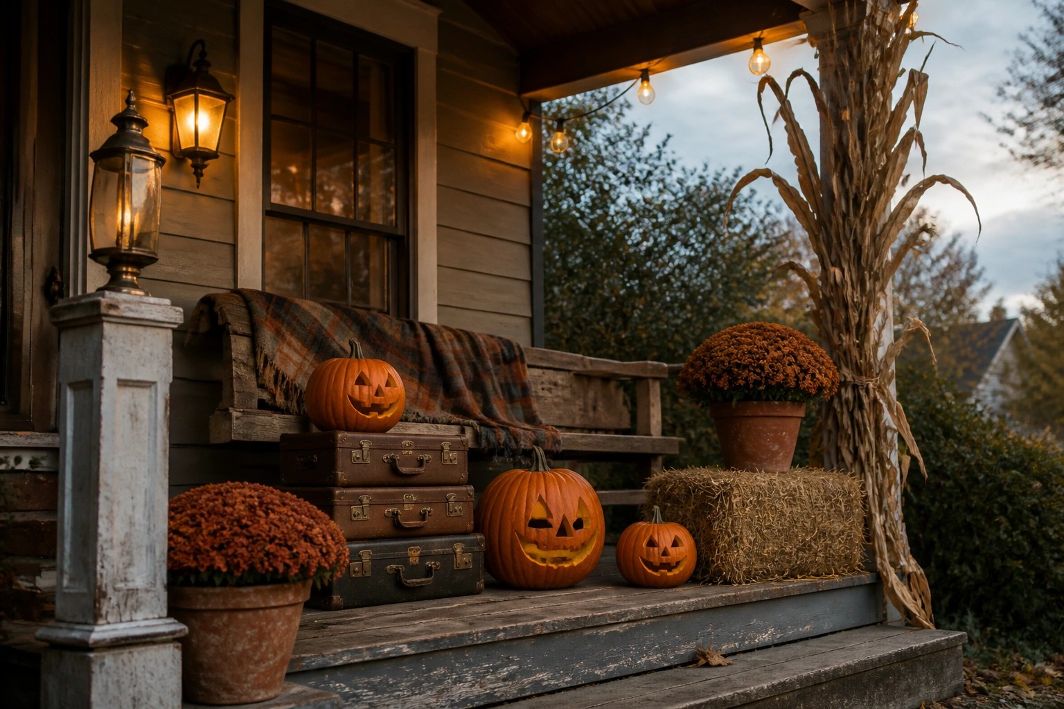 A wooden front porch decorated for Halloween with carved pumpkins, stacked vintage trunks, hay bales, potted mums, string lights, and a plaid blanket on a bench.