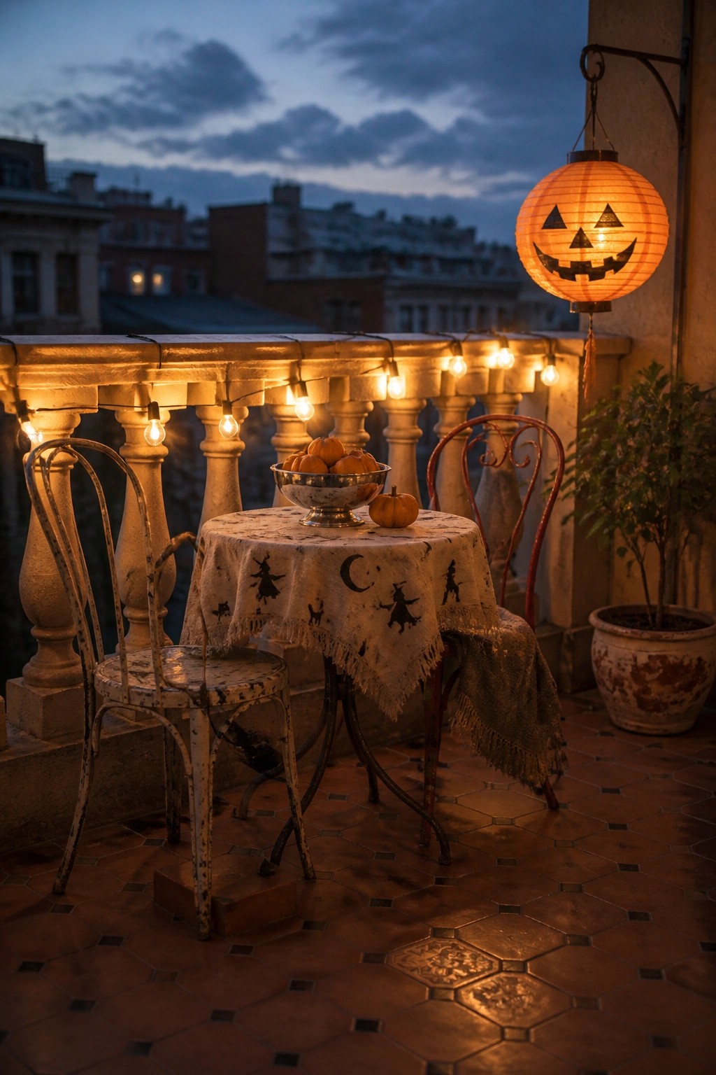 A small balcony table set with a Halloween tablecloth, a bowl of pumpkins, and chairs, lit by string lights on the railing and a large hanging jack-o'-lantern lantern at dusk.