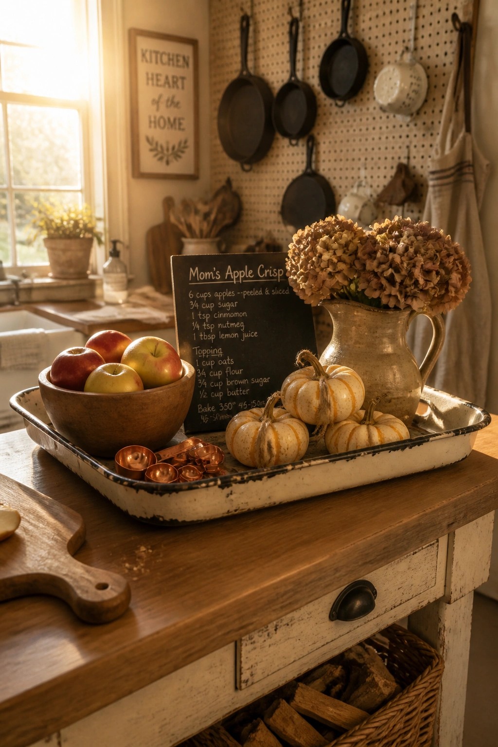 A rustic kitchen scene shows an enamel tray on a wooden table holding a bowl of apples, small white pumpkins, copper measuring cups, a chalkboard recipe sign, and a metal pitcher with dried flowers.