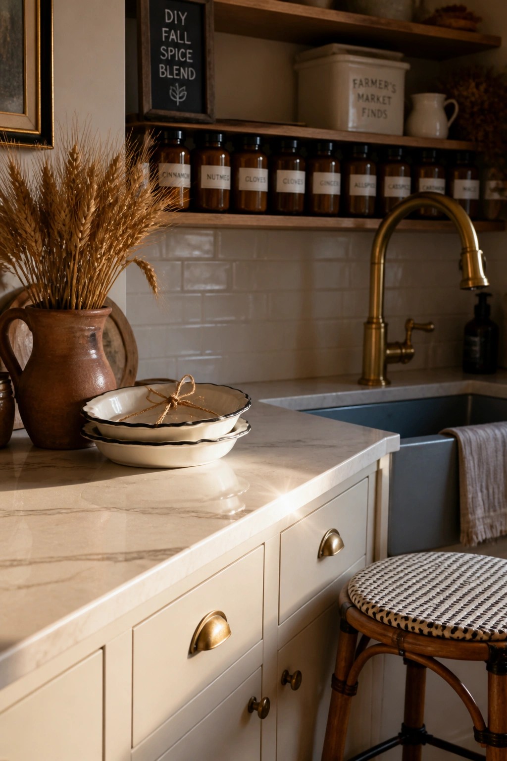 A kitchen counter with a terracotta pitcher holding dried wheat stalks next to stacked white pie dishes tied with twine.