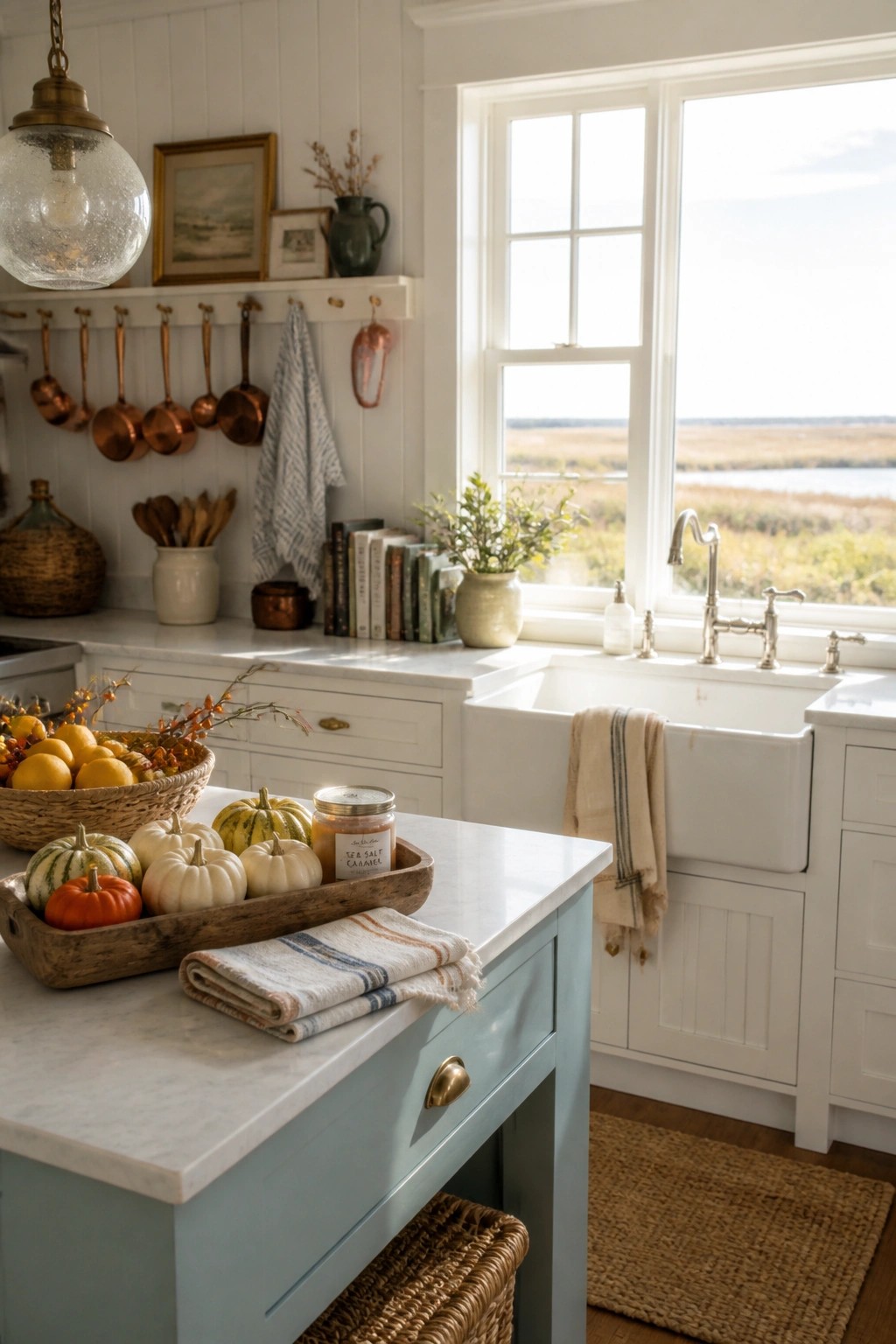 A kitchen island topped with a wooden tray of small pumpkins and gourds beside a candle and folded towels.