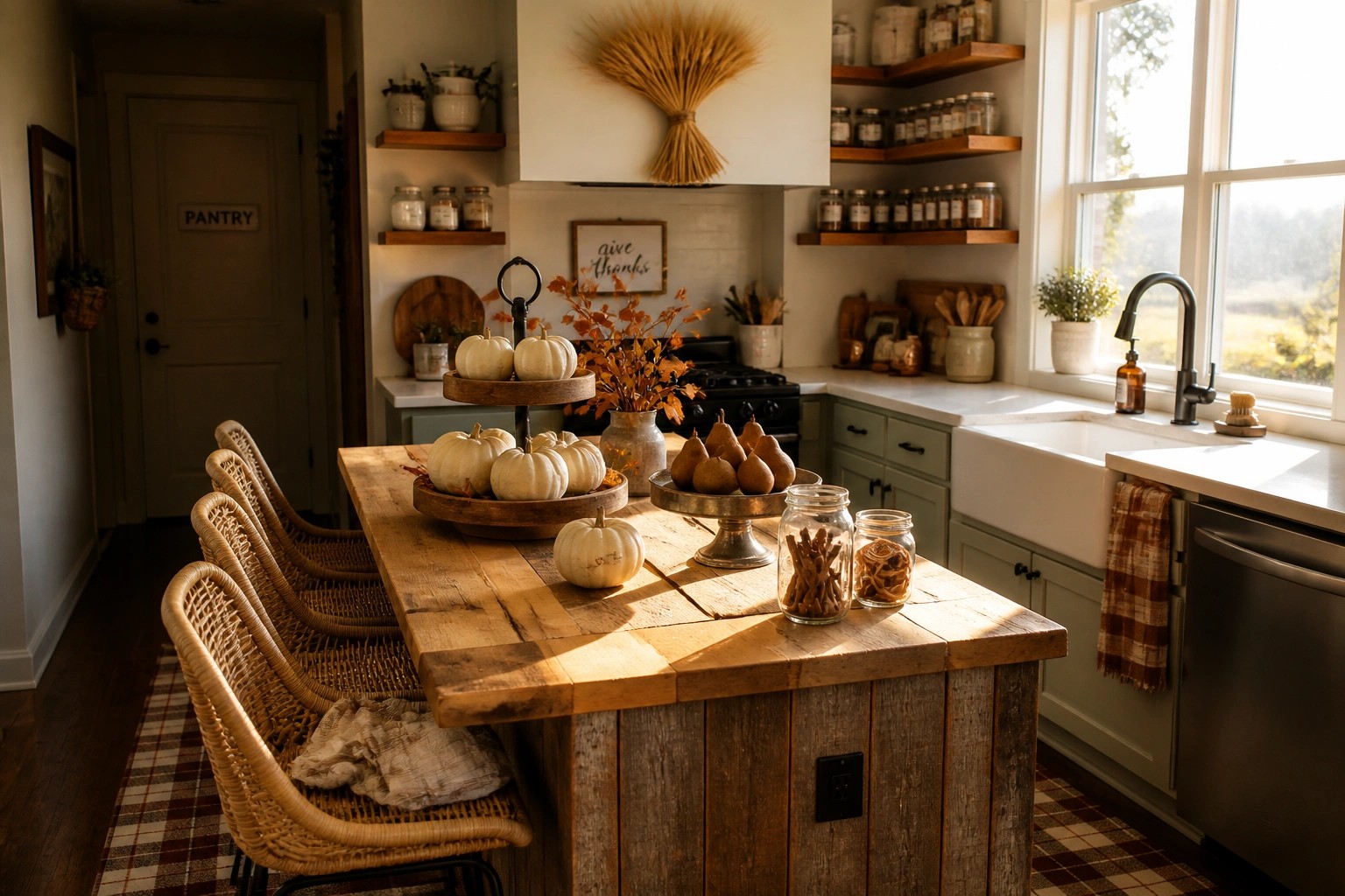 Rustic farmhouse kitchen island with pumpkins, pears, woven stools, and plaid rug
