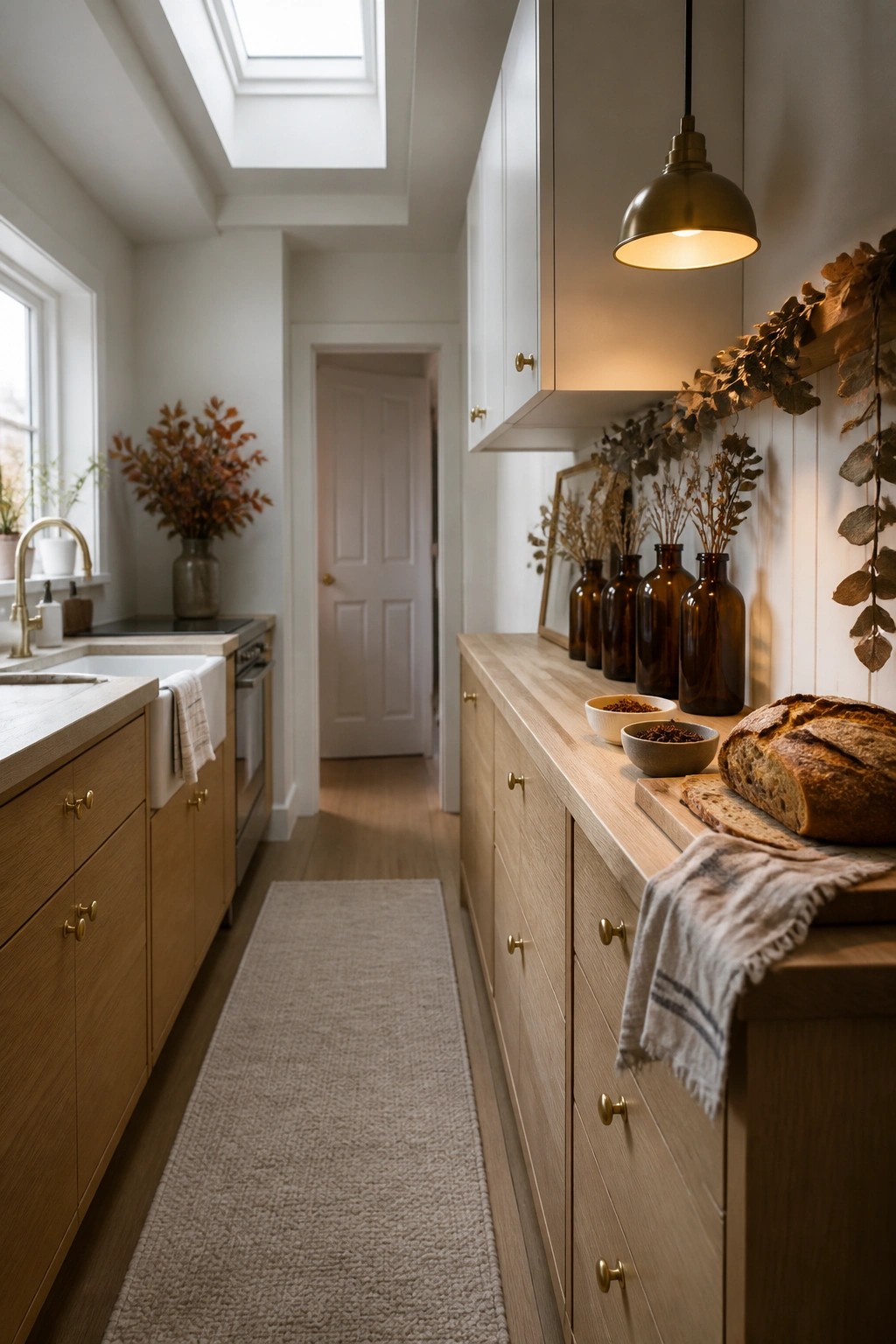 A narrow kitchen with light wood lower cabinets, a long countertop holding several brown glass bottles with dried stems, two small bowls, a loaf of bread on a board, white upper cabinets, and a brass pendant light.