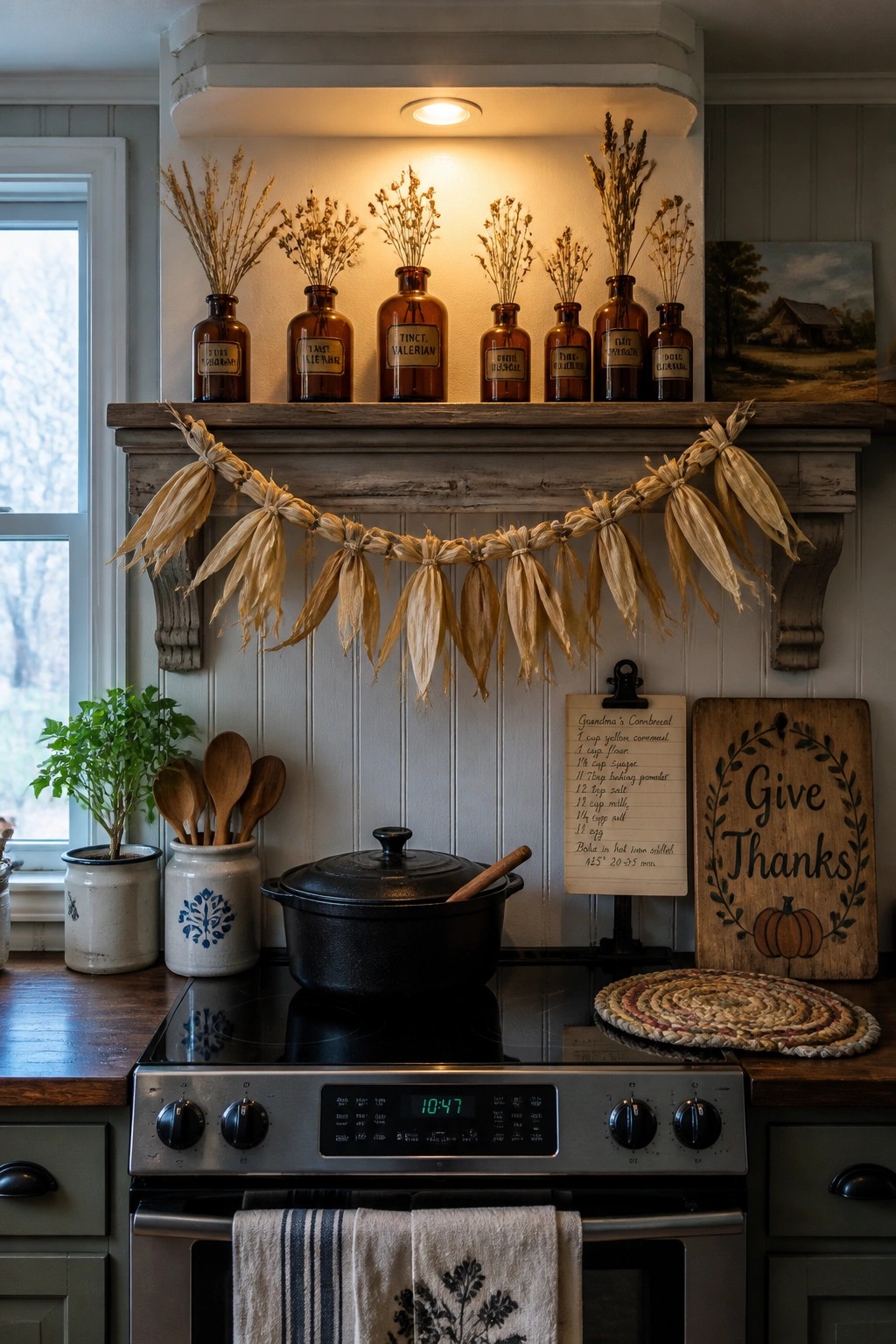 A kitchen stove with a corn husk garland draped across the wooden shelf above it, next to brown herb bottles and a recipe card.