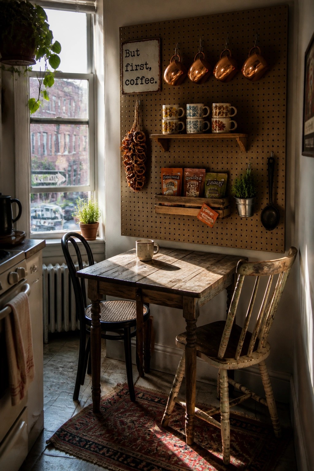 A small kitchen nook with a wooden table, two mismatched chairs on a rug, and a pegboard wall holding copper mugs, patterned cups, coffee bags in a crate, and a sign.
