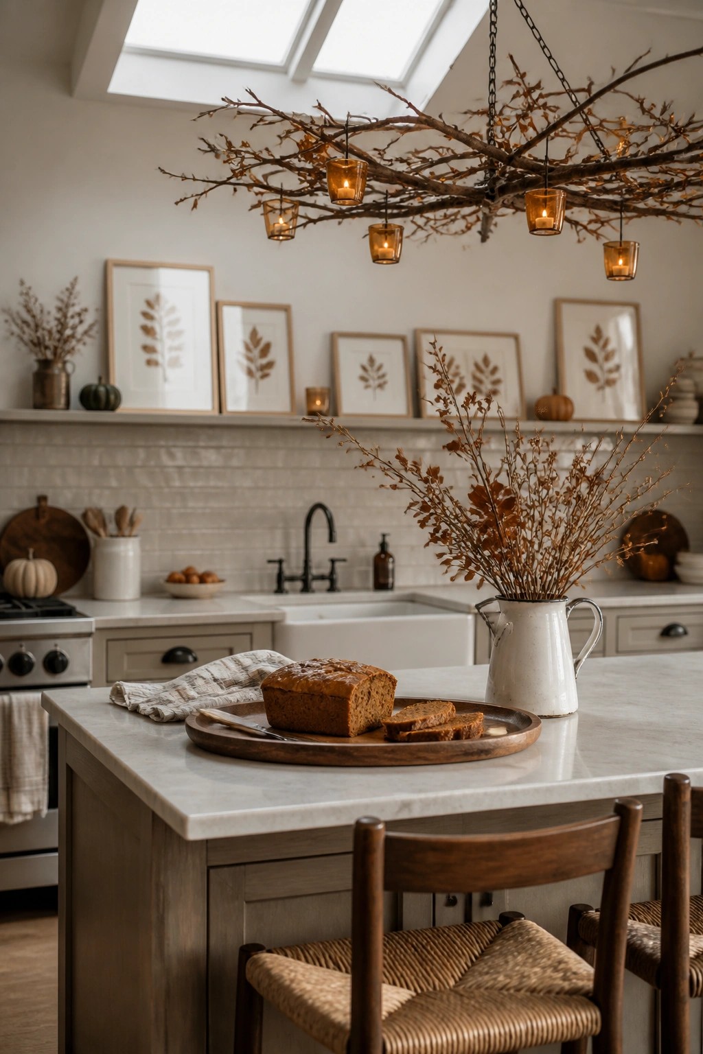 A kitchen with a marble island holding a wooden tray with bread and a white pitcher of dried branches, beneath a large hanging branch chandelier with small lit candles.