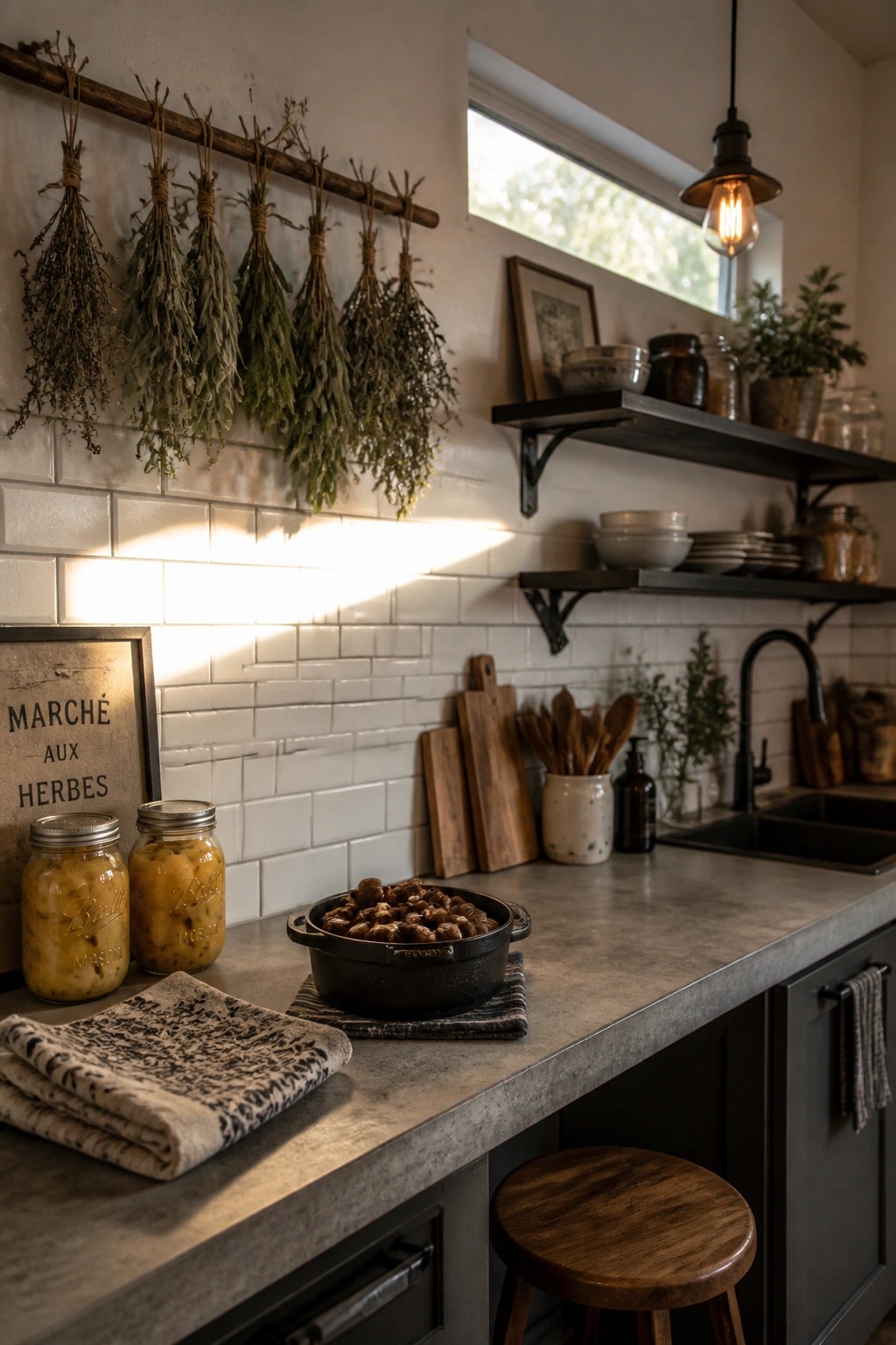 A kitchen interior with white tile backsplash, black floating shelves, concrete countertop, and bundles of dried herbs hanging from a wooden rod above two glass jars and a black pot.
