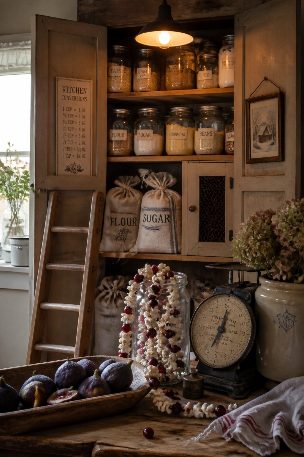Rustic pantry cabinet with labeled jars, figs, vintage scale, and wooden ladder