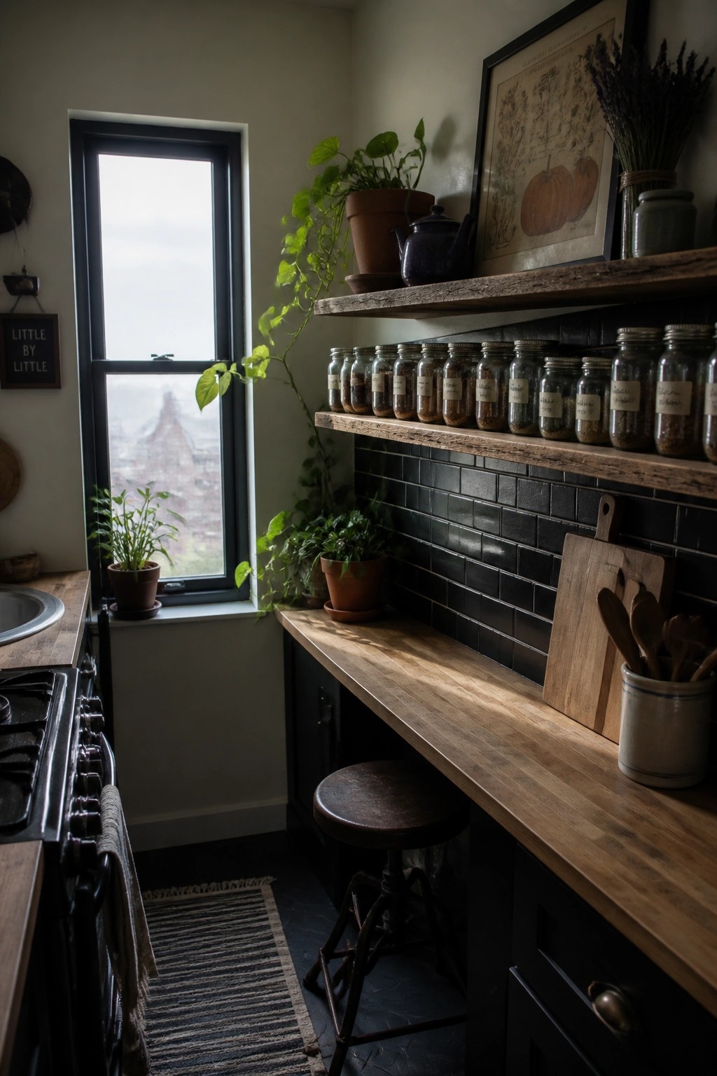 A kitchen interior with wooden open shelves holding rows of labeled glass spice jars above a wooden countertop, black tile backsplash, potted plants, and a window.