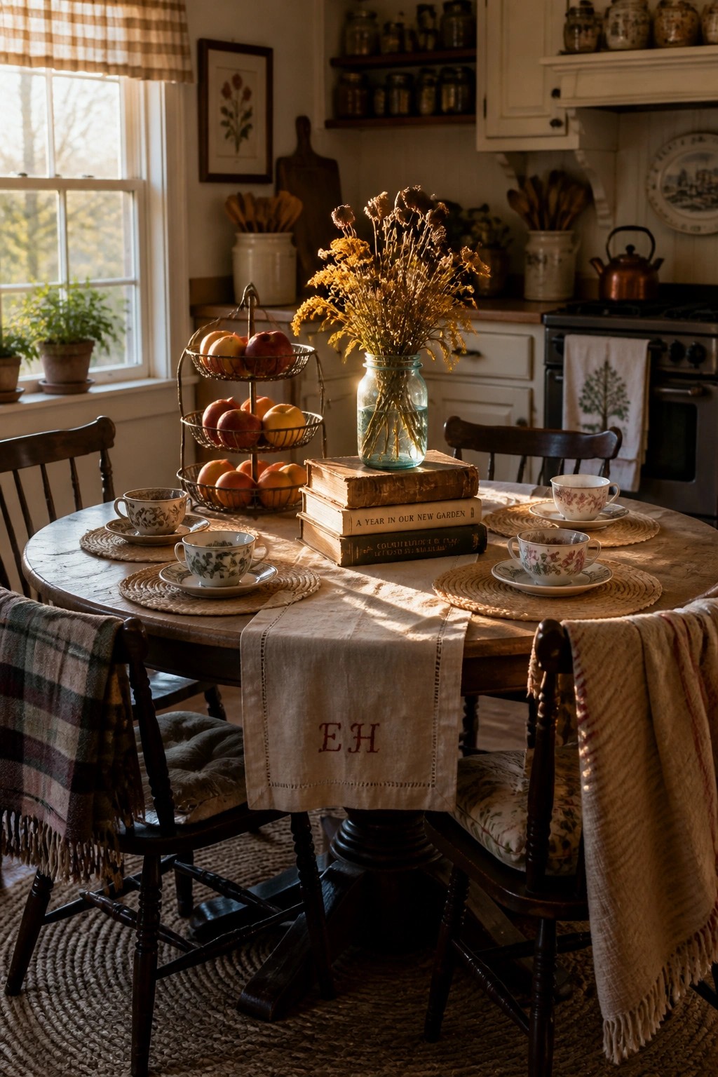 A round wooden kitchen table with a linen runner, teacups on woven placemats, a stack of old books, a jar of dried flowers, and a tiered basket of apples.