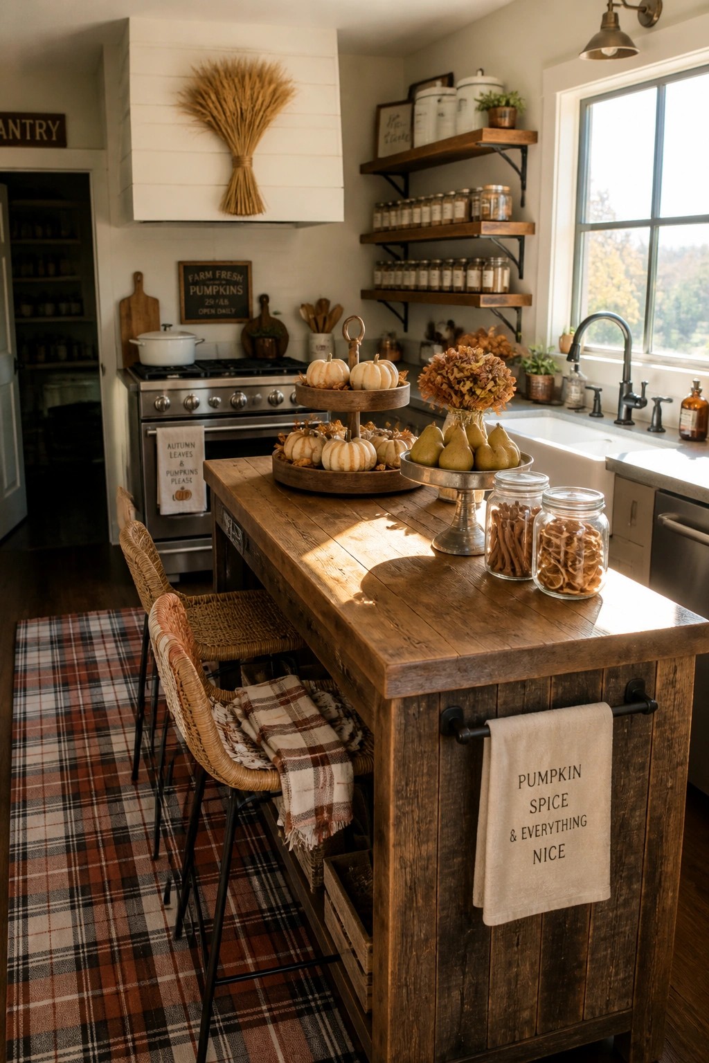 Rustic farmhouse kitchen island with pumpkins, pears, woven stools, and plaid rug
