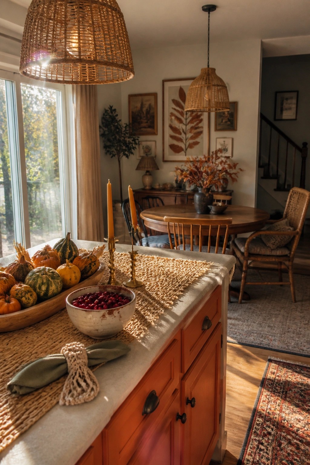 A kitchen island with orange cabinets displays a white bowl of cranberries, a wooden tray of small pumpkins and gourds, brass candlesticks, and a woven runner.